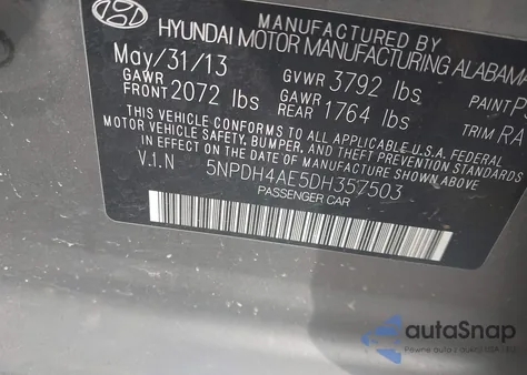 2013 Hyundai Elantra Gls/Limited z USA, uszkodzony, nr VIN 5NPDH4AE5DH357503